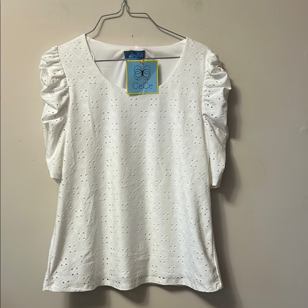 CeCe White Ruffled Blouse with Square Neckline